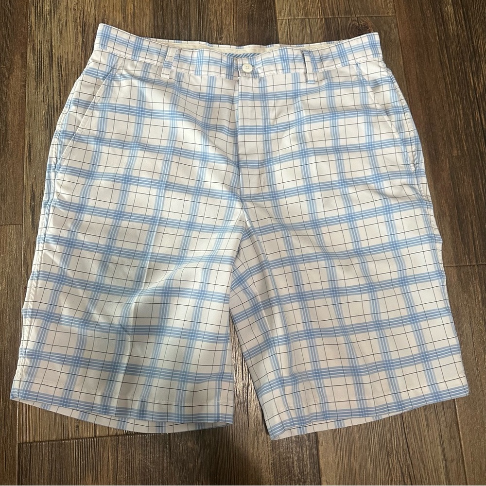 FOOTJOY men's white and blue plaid shorts size 34 performance stretch golf pants